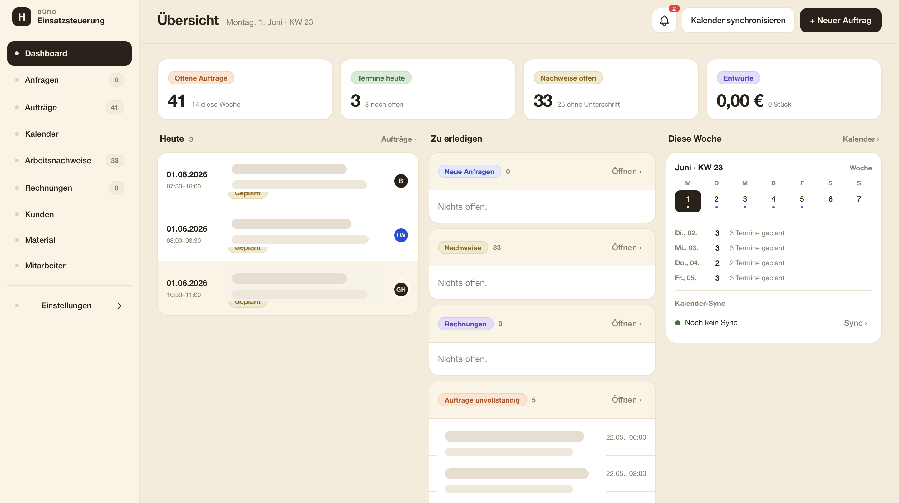 Büro-Dashboard der HeWo Auftrags-App