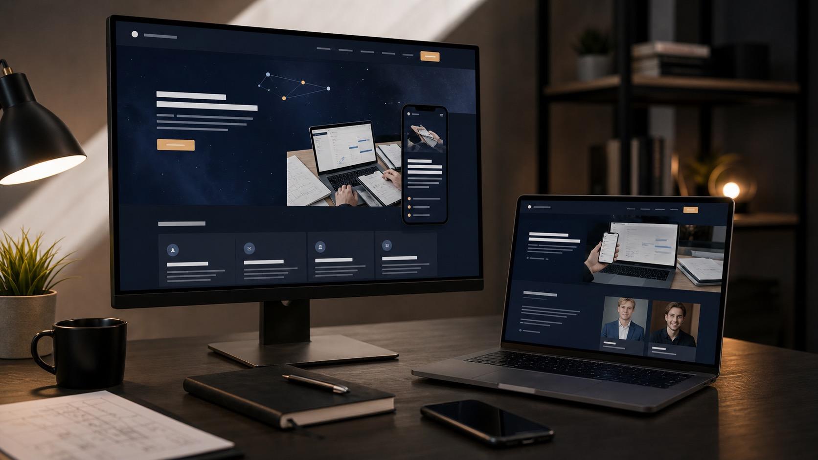 Website-Entwurf auf großem Monitor und Laptop