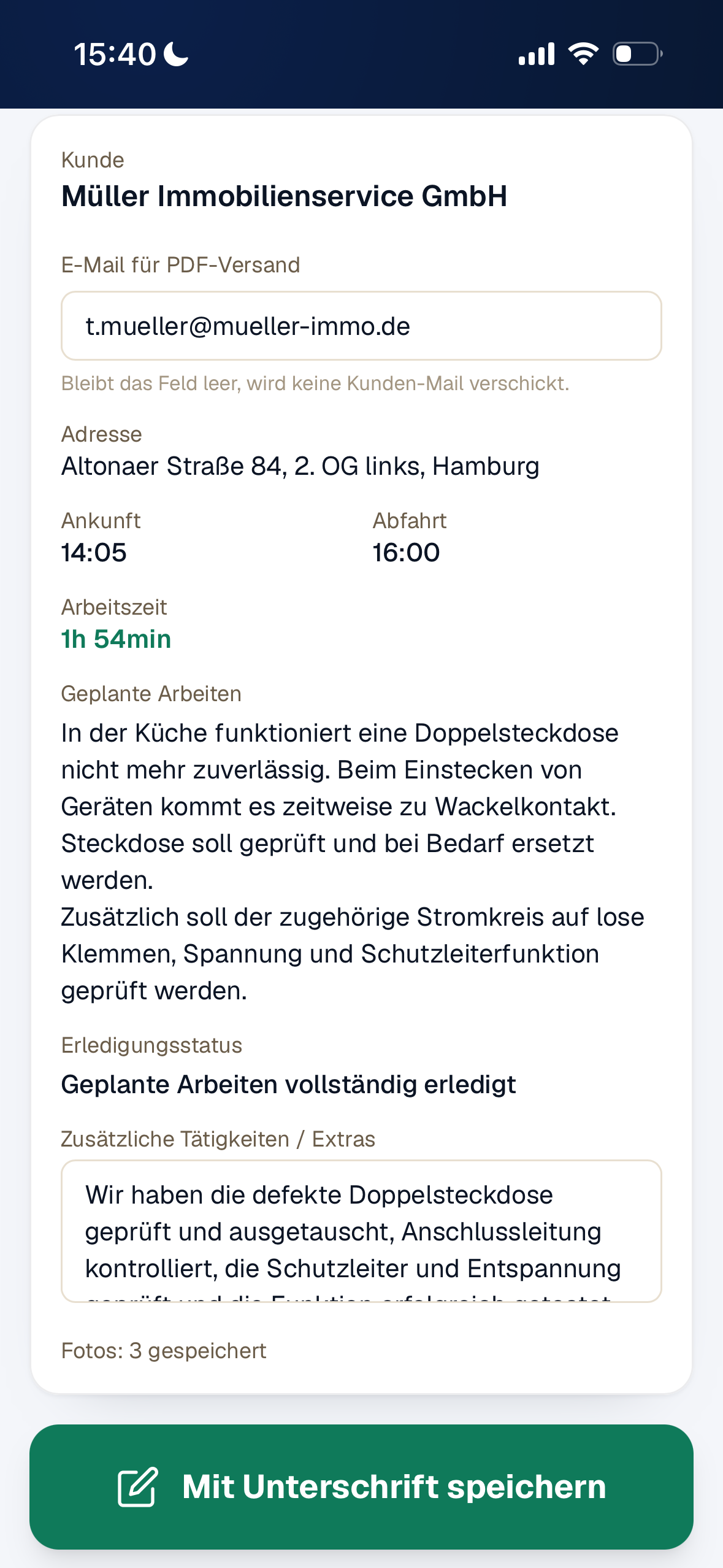 App-Screen: Arbeitsnachweis mit Unterschrift
