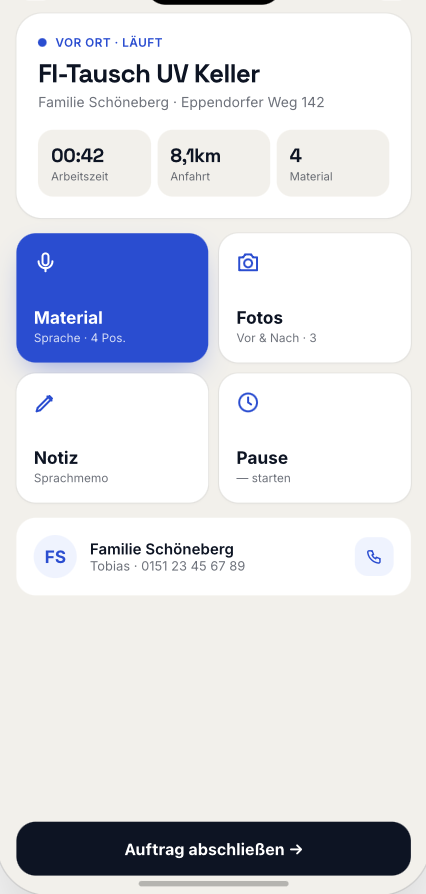 Auftragsdetail der AuftragsBestätiger App mit Material, Fotos, Notiz und Abschluss