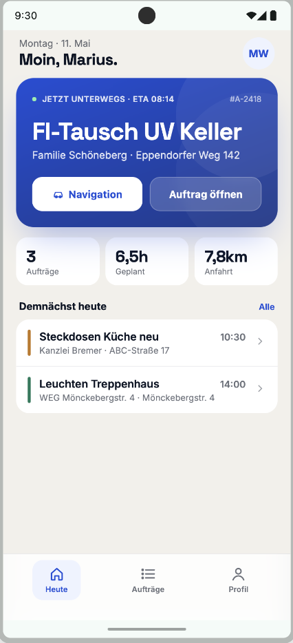 Tagesübersicht der AuftragsBestätiger App mit aktuellem Auftrag und kommenden Terminen