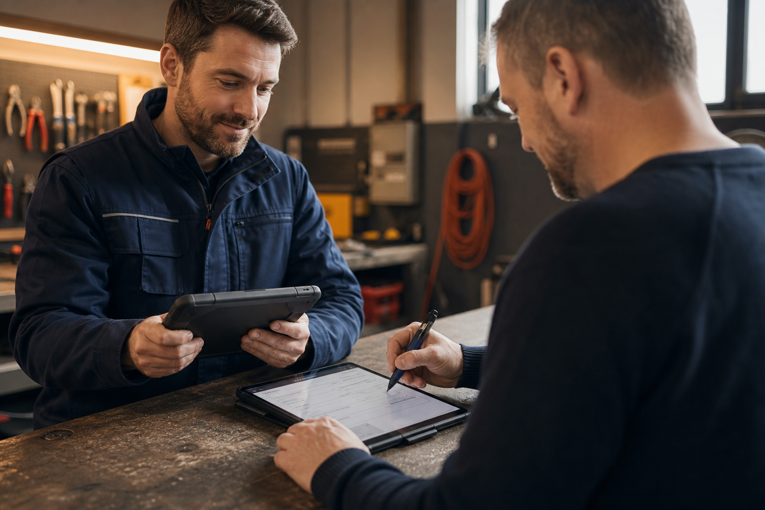 Elektriker und Kunde unterschreiben die Auftragsbestätigung digital am Tablet