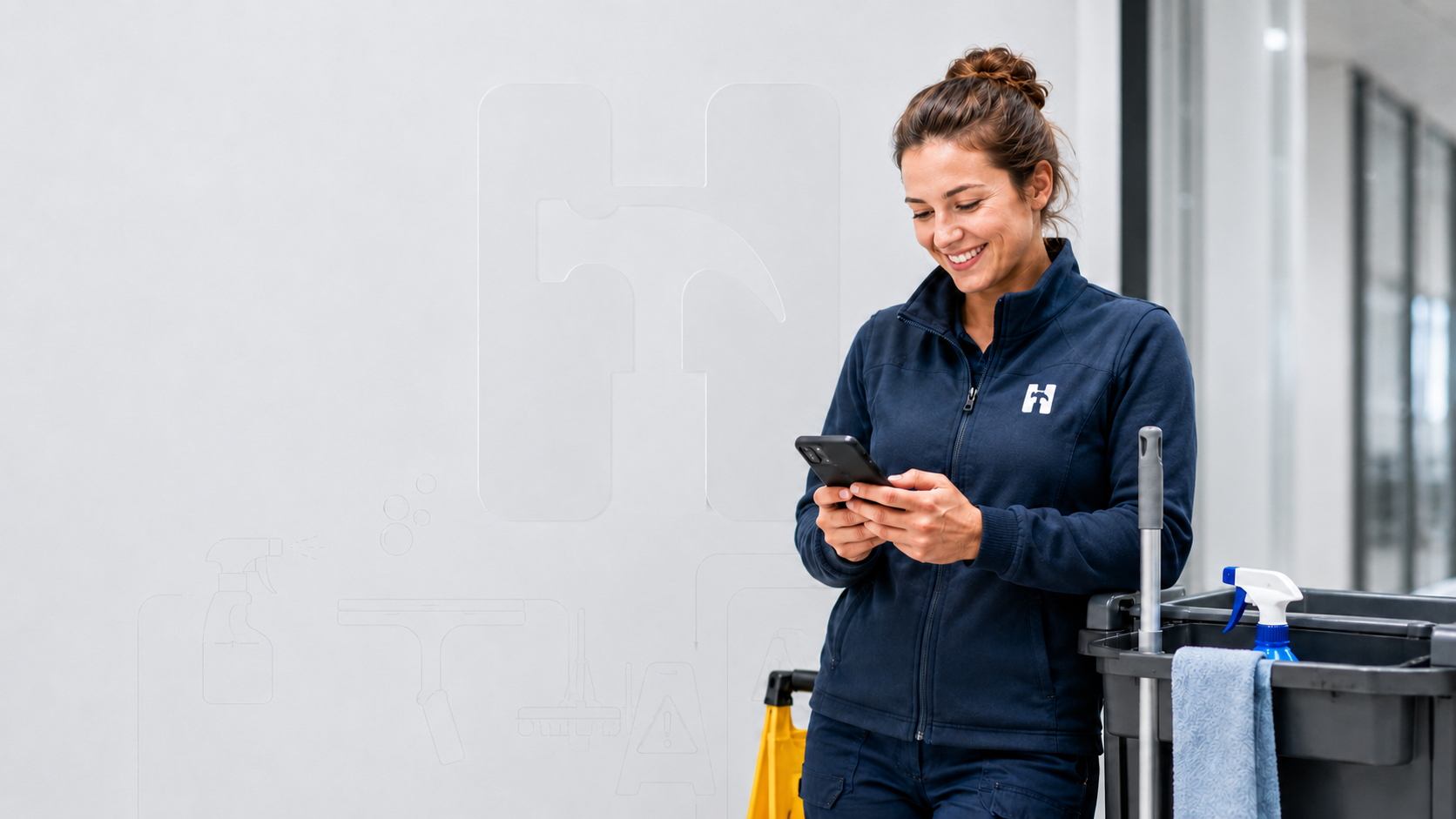 Mitarbeiterin einer Gebäudereinigung dokumentiert eine Leistung mit dem Smartphone