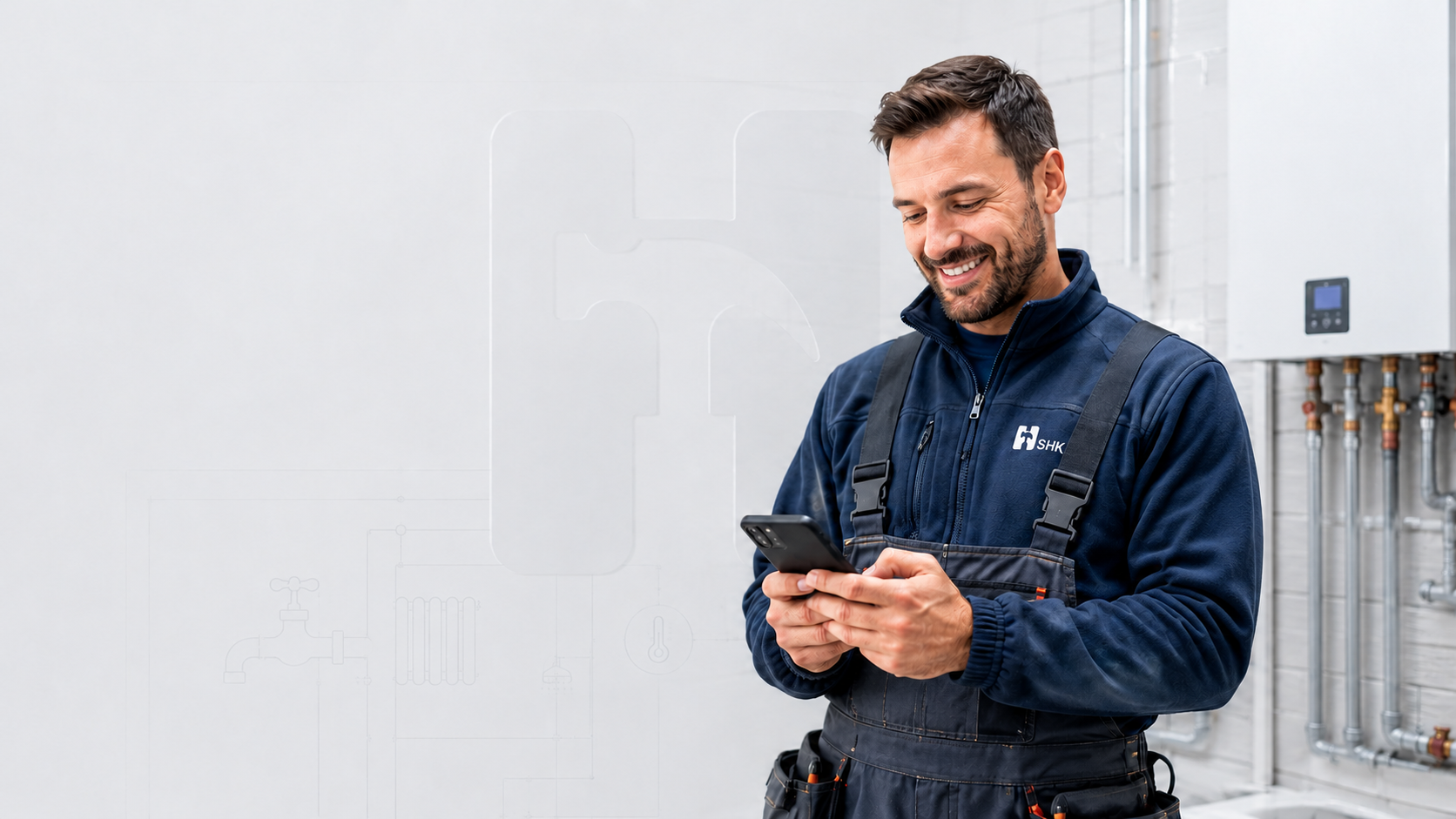 SHK-Monteur dokumentiert einen Einsatz mit dem Smartphone vor einer Heizungsanlage