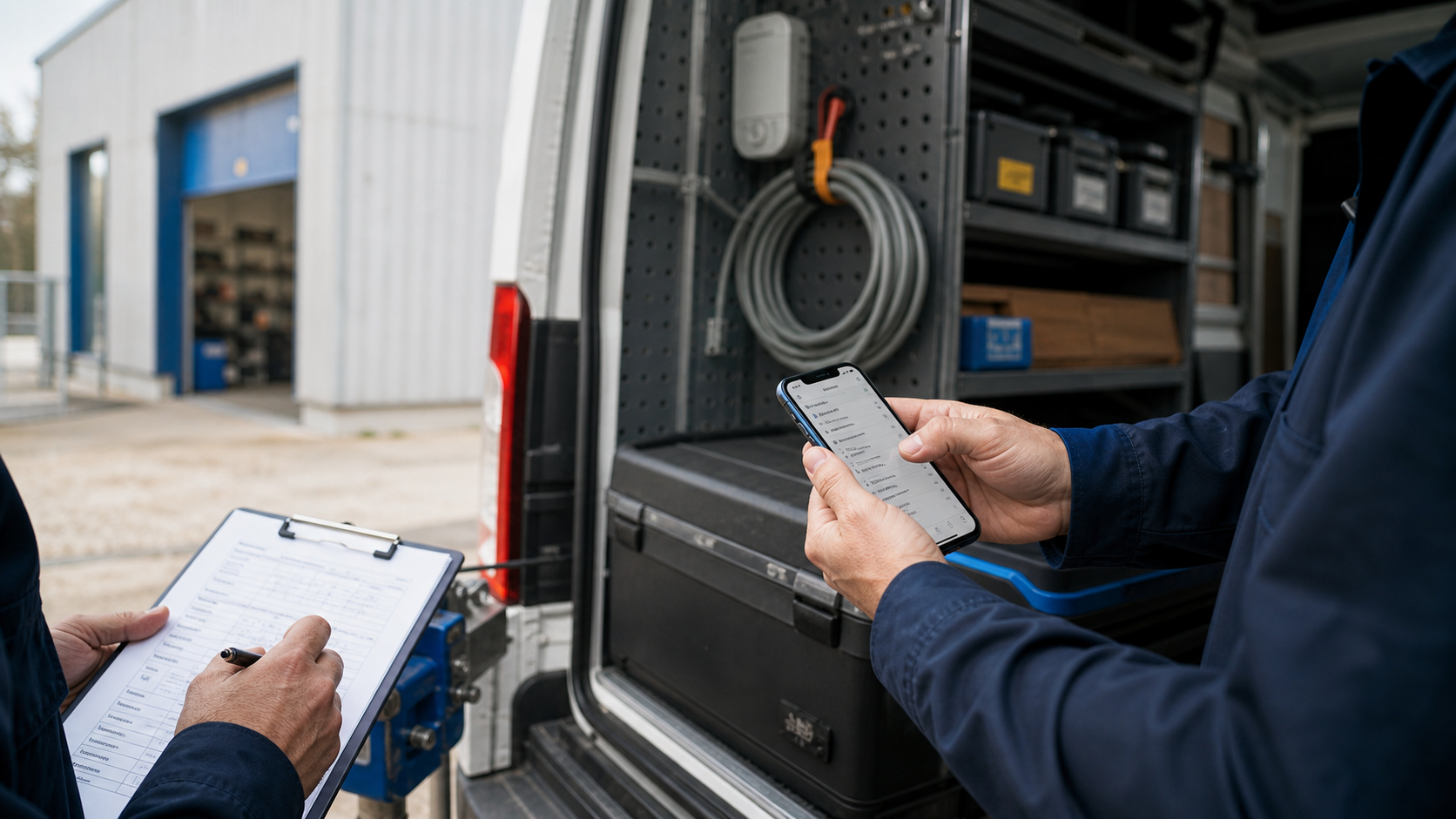 Handwerker erfassen Auftragsdaten mobil am Servicefahrzeug
