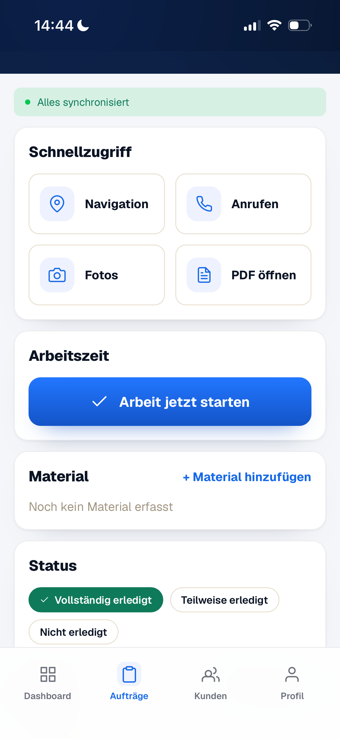 Auftragsübersicht mit Zeit und Material in der HeWo App