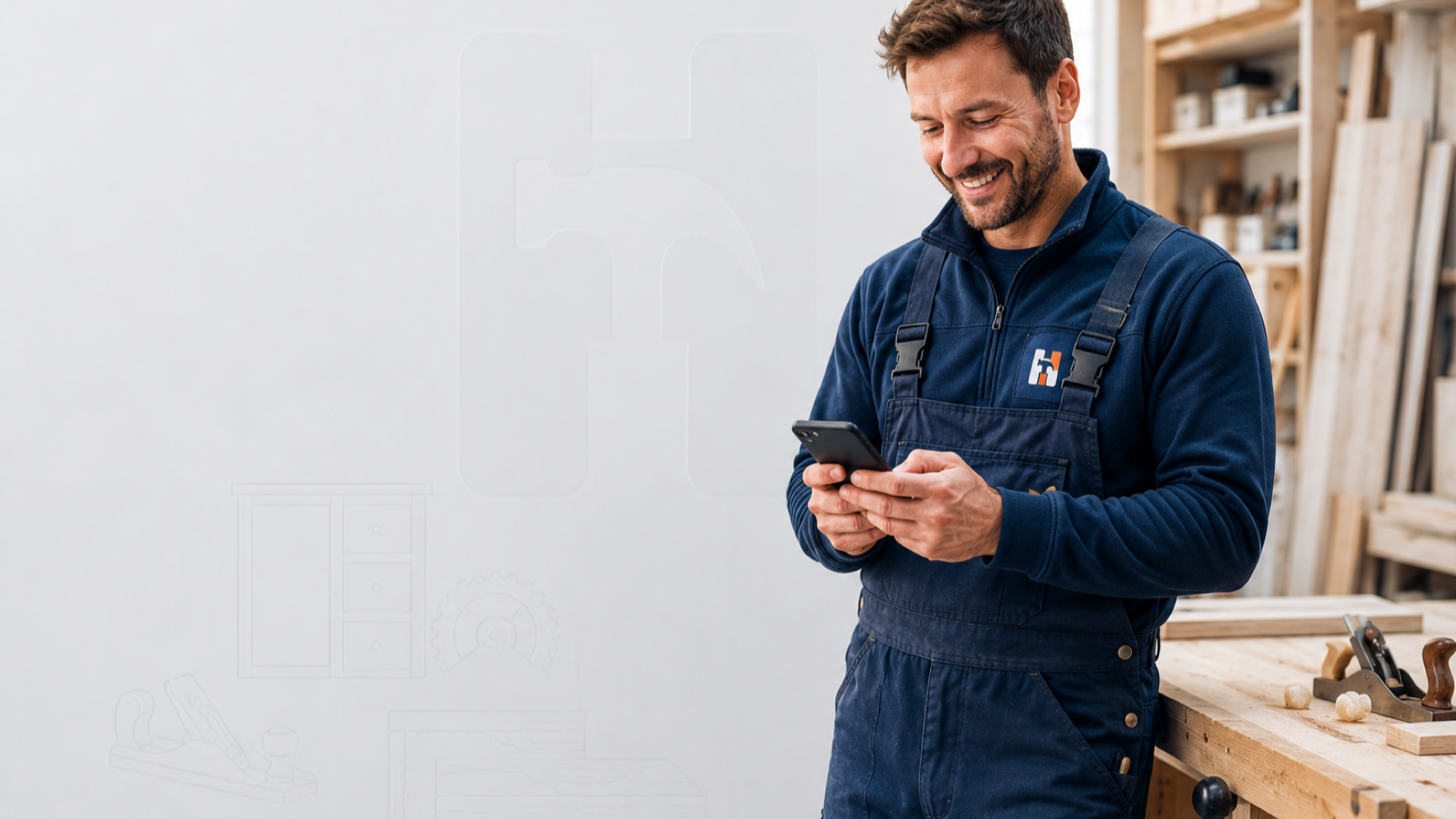 Schreiner dokumentiert einen individuellen Auftrag mit dem Smartphone in einer Werkstatt