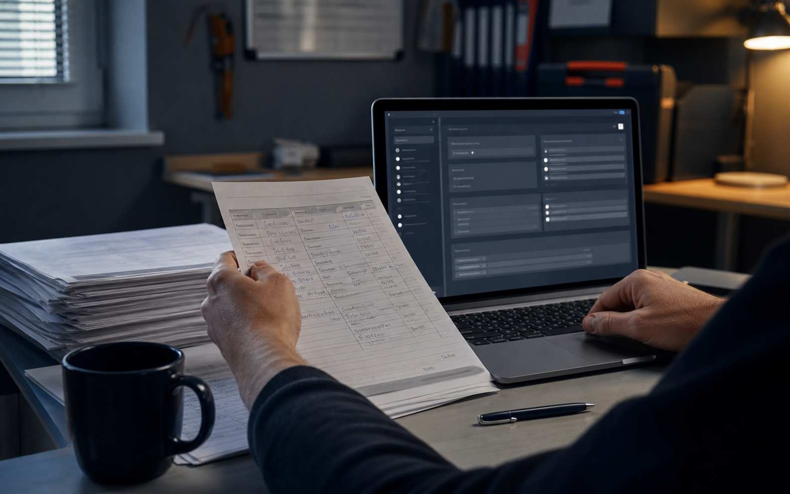 Papierzettel im Handwerksbüro werden digital vorbereitet